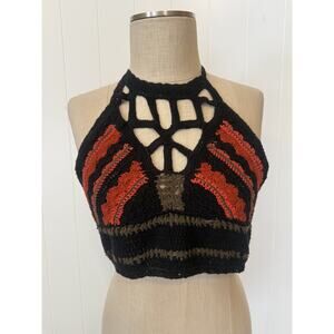 Forever 21 Crochet Halter Top Womens Large Black Red Boho Festival Knit Lace Up